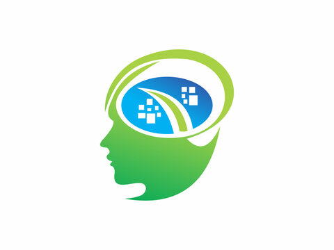 A modern vector logo showing a green human profile with a blue brain area containing a curved path and white pixelated data blocks, representing digital knowledge and information on a white background