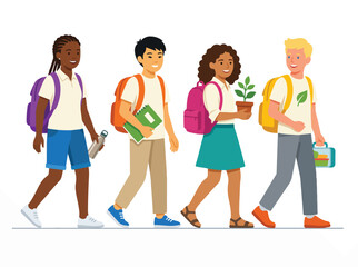 Fototapeta premium Group of Diverse Children Walking with Backpacks and Books.