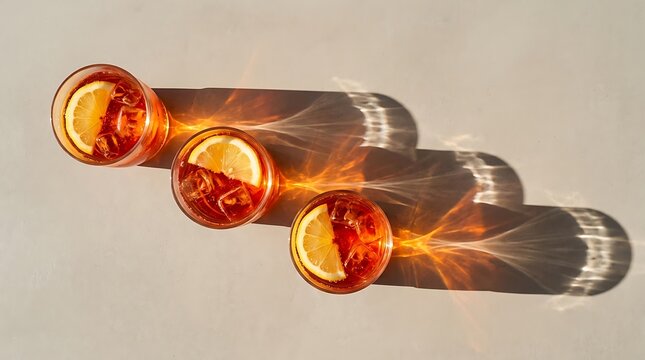 Three glasses of spritz cocktail with lemon. Refreshing summer drinks with long shadows.