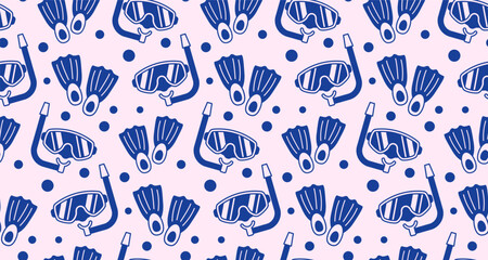 Seamless Summer Snorkeling Pattern with Masks and Fins. © drawnbybert