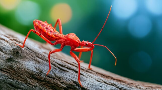 Bright Red Assassin Bug Perched on Weathered Tree Branch in Nature Setting with Blur Background Colors