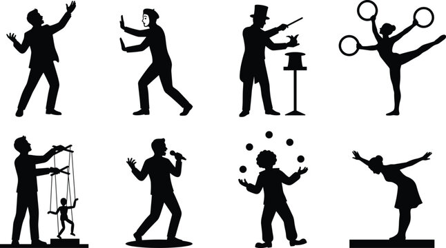 Silhouettes of stage performers including mime artist, magician, dancer, puppeteer, singer, juggler, and actor representing performing arts and entertainment