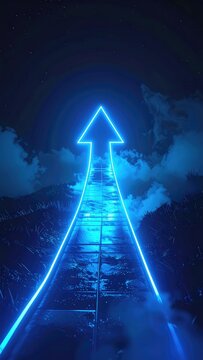 A vibrant neon blue arrow points upward over a pathway at night