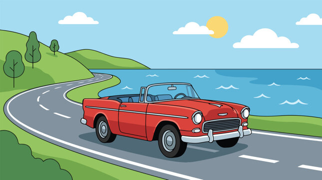 Vintage red convertible car driving along a scenic coastal road with the ocean on the right and green hills on the left.