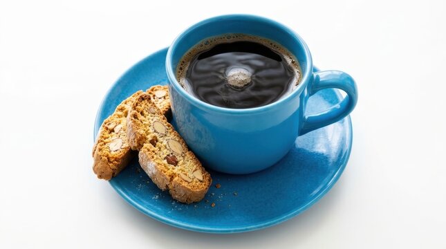 Vibrant blue ceramic coffee cup filled with hot black espresso paired with crunchy almond biscotti cookies on a matching saucer, representing a simple breakfast moment or an afternoon snack break