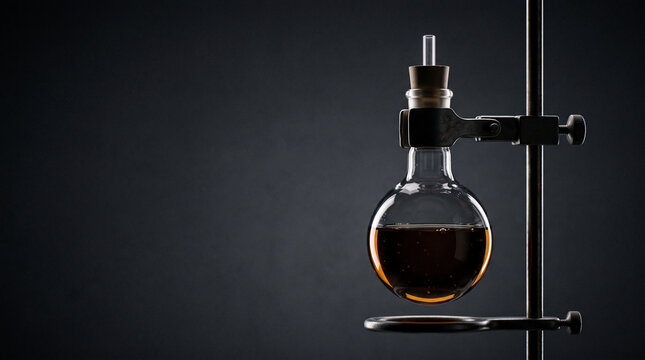 Laboratory flask with amber liquid on retort stand in dark studio