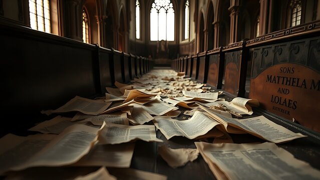 Torn parchment pages scattered between pews in an abandoned church.