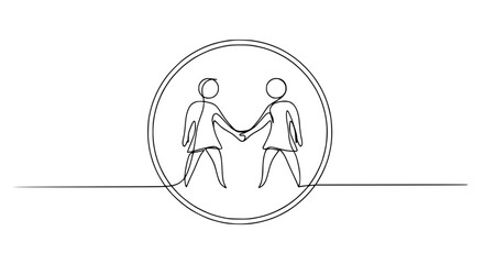 Fototapeta premium Continuous line drawing of two people holding hands inside a circle, representing friendship and connection.