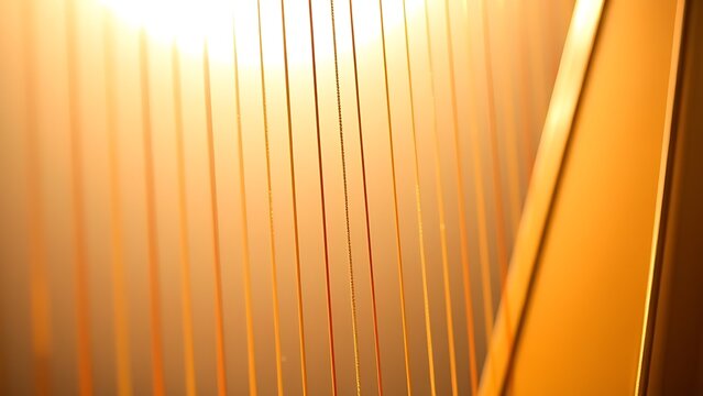 Close-up of a golden harp's elegant curves, strings glistening softly.