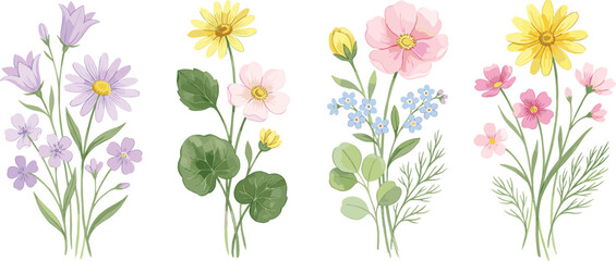 Fototapeta premium Elegant Watercolor Wildflower Bouquet Vector Set Featuring Cosmos, Daisy, Aster, and Forget Me Not Blossoms for Romantic Wedding Stationery and Pattern Designs