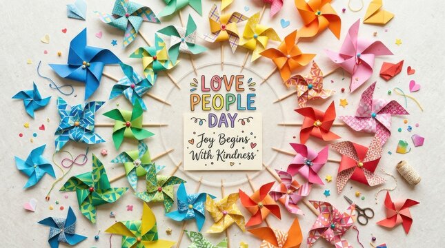 Vibrant handmade paper pinwheels arranged in a circular layout around a message card saying Love People Day Joy Begins With Kindness representing community love and global friendships for all humanity