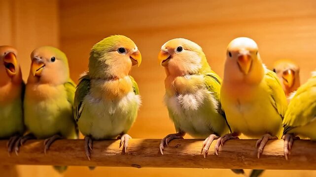 Group of colorful parrots perched on branch