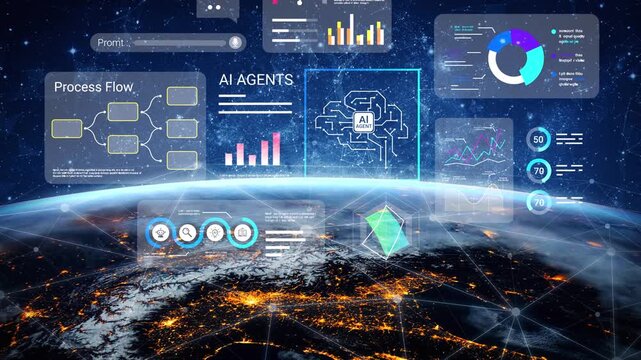 Digital concept of artificial intelligence with data visualization, graphs, charts, and process flow over a night view of Earth with glowing cities in the background Gluon.