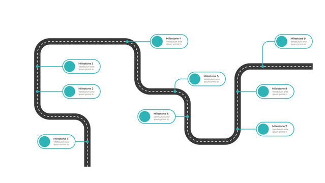Business Timeline Infographic Design. 9 Steps Route Map Concept.