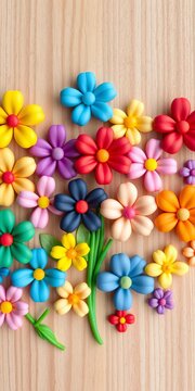 Plasticine flowers in various colors and shapes arranged on a wooden background, ||plasticine, background