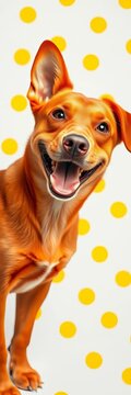 Red dog with cheerful expression, white background, yellow spots, energetic, ||yellow
