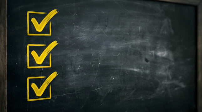 Three bright yellow checkmarks drawn in chalk inside boxes on a dark, textured chalkboard, checkbox