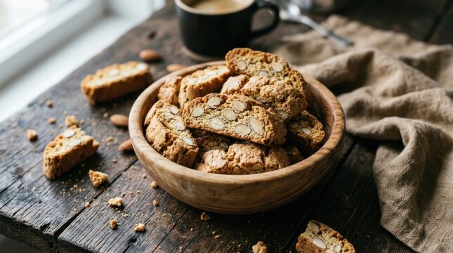 Traditional Italian almond biscotti cantucci cookies served in a rustic wooden bowl on a dark vintage table with coffee, perfect for a cozy morning breakfast or afternoon snack treat and