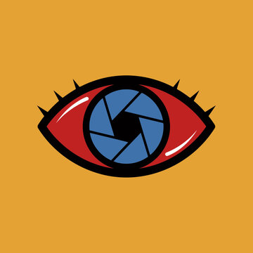 High-contrast illustration of a red eye with a blue camera lens iris set against an orange background, evoking cybernetic vision and futuristic surveillance