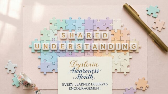 Dyslexia awareness month concept with pastel puzzle pieces and letter tiles spelling shared understanding on desk. Educational support theme for learners with reading difficulties in creative setting.