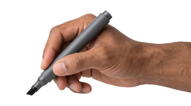 Marker rests in a male hand as an isolated PNG black writing tool on a transparent background for design