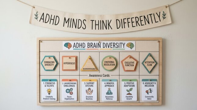 Educational wooden ADHD brain diversity awareness board featuring colorful shapes and descriptive cards highlighting strengths like hyperfocus and executive function for neurodivergent kids and adults