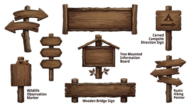Rustic wooden sign collection, carved campsite direction signs and hiking pointers, 8 forest trail markers and information boards