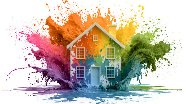 Colorful paint splashes exploding around a white house isolated on transparent background
