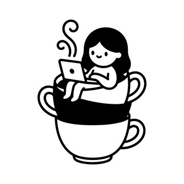 Woman Remote Worker Coffee Cup Icon Illustration