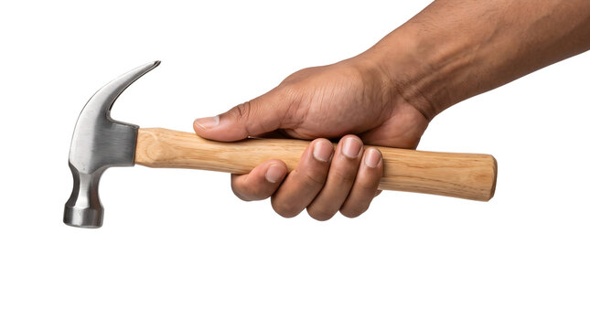Hammer rests in a male hand as an isolated PNG claw tool with a wooden handle on a transparent background