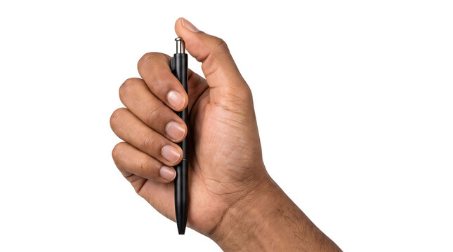 Pen stands in a male hand as an isolated PNG black writing tool on a transparent background for office use