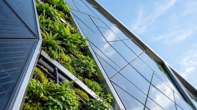 Modern building facade integrating solar panels with vertical garden greenery, sustainable architecture blending technology and nature for eco-friendly urban design and clean en...
