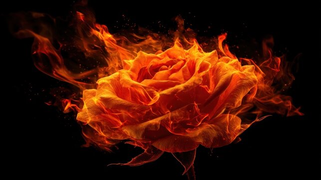 A vibrant rose ablaze with fiery hues, petals illuminated against a stark black backdrop, sparks flying