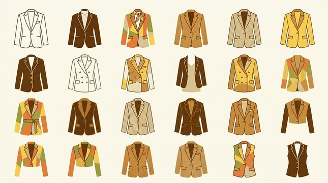 A collection of stylish jackets in various patterns and colors arranged in a grid layout showcasing fashion designs