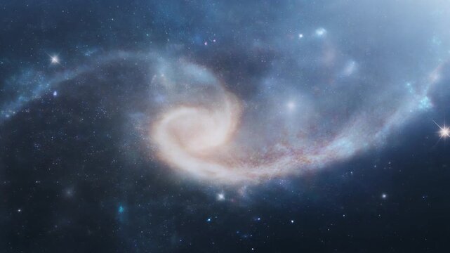Spiral galaxy rotating in deep space surrounded by glowing stars and cosmic nebula