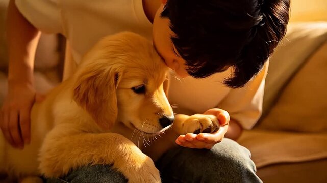 Person interacting with a puppy
