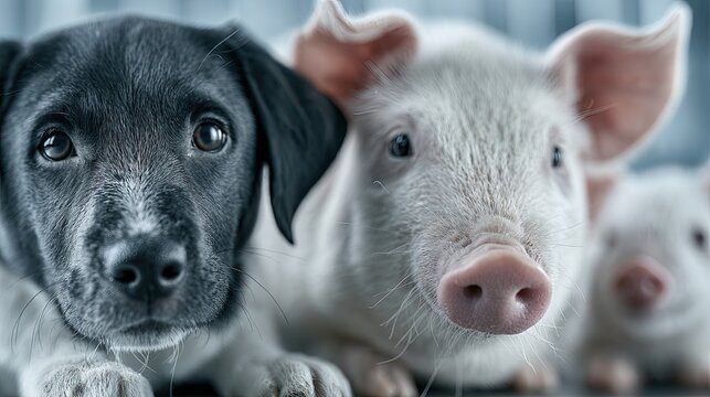 Puppy and piglets together. Cute young animals looking at camera in a studio setting.