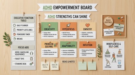 Fototapeta premium Organized ADHD Empowerment Board on wood background showing executive function tools and positive traits like hyperfocus or creativity for mental health support and neurodiversity awareness study aid