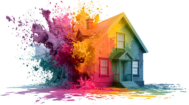 Colorful paint splash exploding on a brick house isolated on transparent background