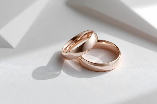 Romantic rose gold wedding rings with a heart-shaped shadow