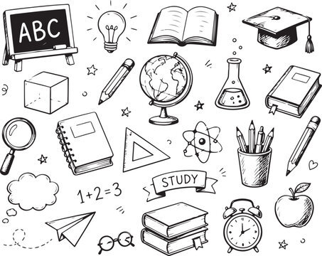 Hand drawn doodle set of school and education supplies for students