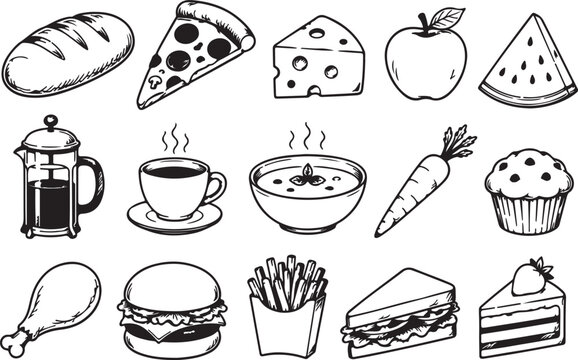 Hand drawn doodle set of various food items and drinks for menu design