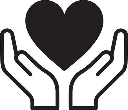 Black heart shape held in two open human hands icon illustration