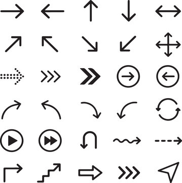 Set of black arrow icons showing different directions and styles