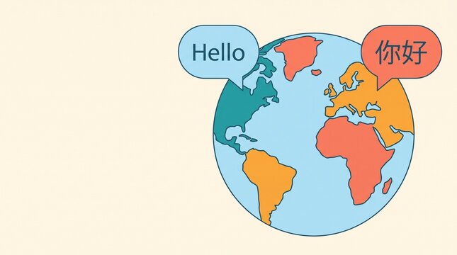 Global communication concept with planet Earth and speech bubbles saying hello in English and Chinese vector illustration