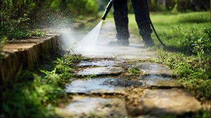 Obraz premium Man cleaning pathway with high-pressure washer.