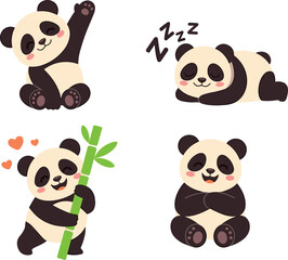 Naklejka premium Cute Panda Character Collection, Cartoon Bear Vector Set with Happy Sleeping and Bamboo Poses Illustration Pack