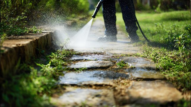 Man cleaning pathway with high-pressure washer.