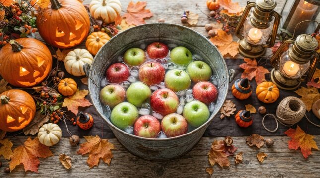 Carved pumpkins and apples in ice bucket for Halloween bobbing game on rustic wood