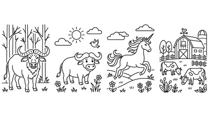 Fototapeta premium Set of cute farm animal outline drawings with buffalo unicorn and cows for coloring book.